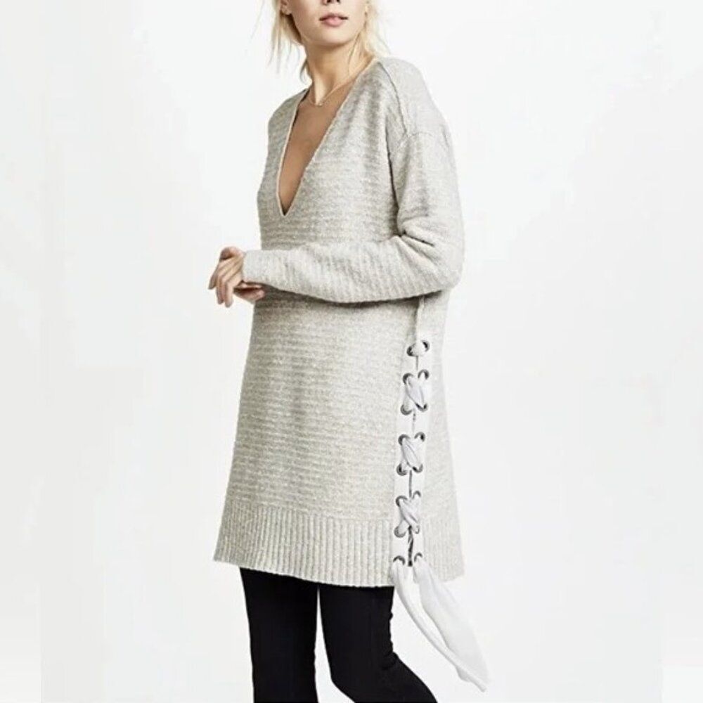 Free People Heart It Lace-Up Sweater in Light Gray Size M